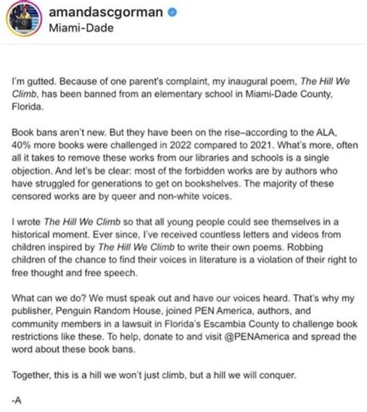 Poet Amanda Gorman ‘Gutted’ After Her Inauguration Poem ‘The Hill We Climb’ Banned By Miami School