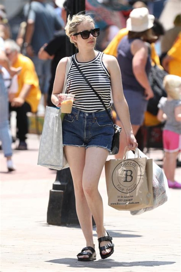 Emma Roberts Rocks High-Waisted, Frayed Jean Shorts & Striped Tank 6 Mos. After Giving Birth