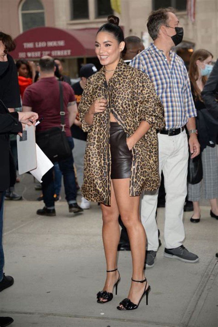 Vanessa Hudgens Shows Off Her Wild Side In Leopard Print Shirt & Leather Shorts At Tribeca Film Fest